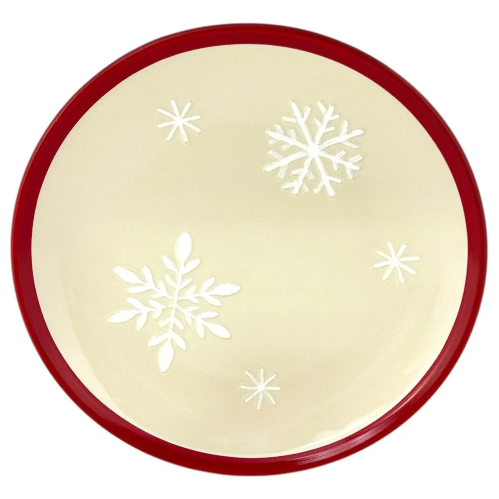 Longaberger FALLING SNOW PLATTER Red & Ivory Stoneware Embossed‎ Snowflakes 2010